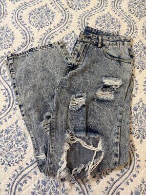 Women’s L Acid Wash Distressed Ripped Jeans Light Wash Straight Leg Y2K